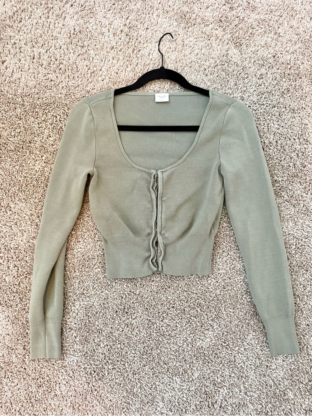 Abercrombie & Fitch Sage Green Cropped Ruffle-Trim Cardigan